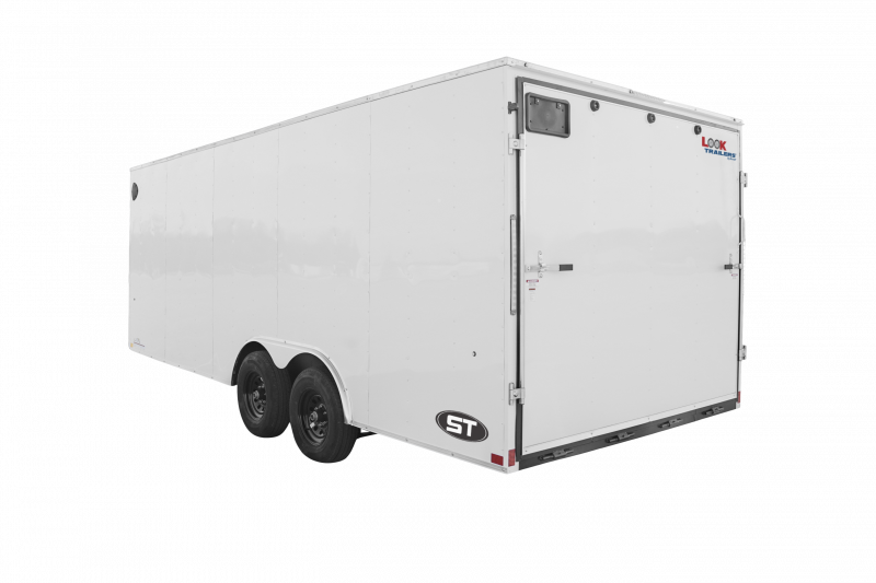 LOOK Trailers | Trailer Models | ST DLX Car Hauler Trailer | Good Model image of back left of a white trailer with a rear fold down door | Image 4
