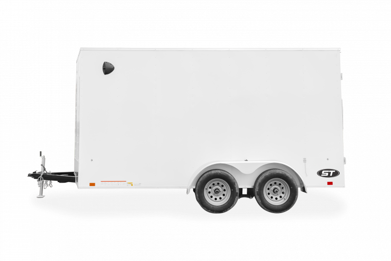 Look Trailers | Trailers | Trailer Models | ST DLX | Image of white enclosed cargo trailer with dual axles showing left side of trailer clear background | Image 1