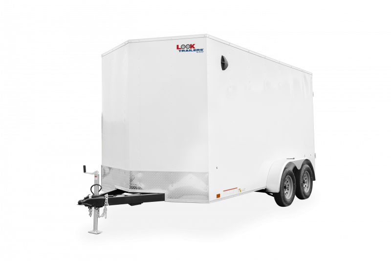 Look Trailers | Trailers | Trailer Models | ST DLX | Image of white enclosed cargo trailer with dual axles showing left front of trailer clear background | Image 2