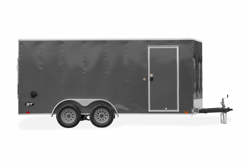 Look Trailers | Trailers | Trailer Models | ST DLX | Image of grey enclosed cargo trailer with dual axles showing the right side of trailer with side door and a clear background | Image 4