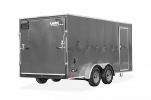 Look Trailers | Trailers | Trailer Models | ST DLX | Image of grey enclosed cargo trailer with dual axles showing back right of trailer with fold down back door clear background | Image 5