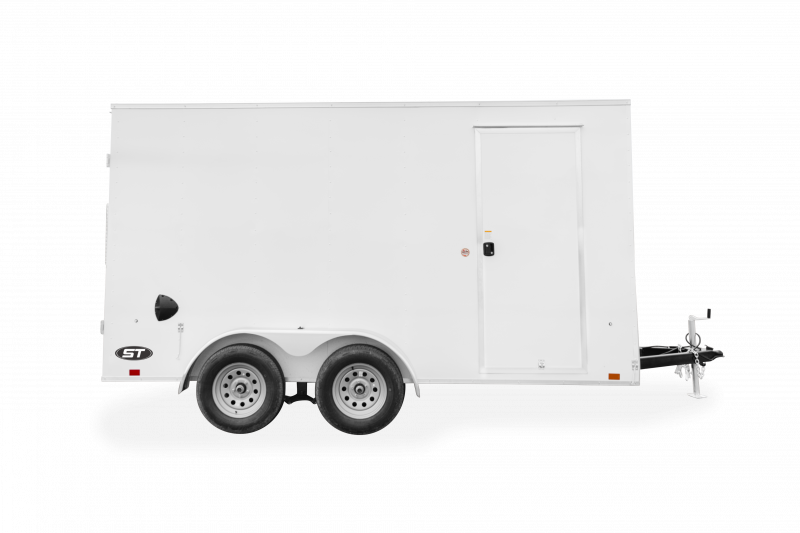 Look Trailers | Trailers | Trailer Models | ST DLX | Image of white enclosed cargo trailer with dual axles showing right side of trailer clear background | Image 7