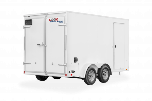 Look Trailers | Trailers | Trailer Models | ST DLX | Image of white enclosed cargo trailer with dual axles showing the back right of trailer with rear double door and a clear background | Image 8