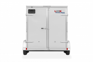 Look Trailers | Trailers | Trailer Models | ST DLX | Image of white enclosed cargo trailer with dual axles showing the back of trailer with rear double door and a clear background | Image 9