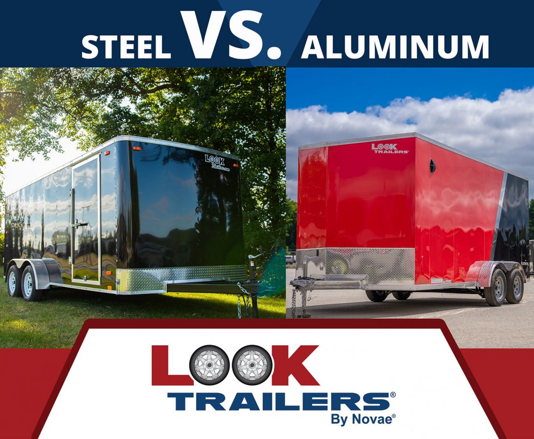 Look Trailers | News Blog Post | Trailer Types And Tips | Steel Vs. Aluminum - How Do You Decide? | Featured Image | Two combined pictures to show an example of a steel trailer and an aluminum trailer. Black Steel Enclosed Cargo Trailer. Two-Tone Red and Black Enclosed Aluminum Cargo Trailer with a divider stripe.