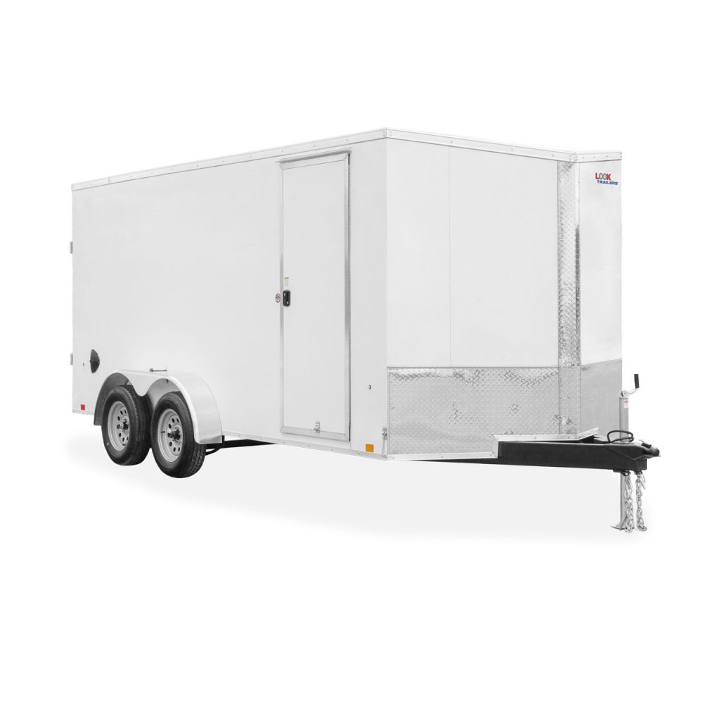Look Trailers | Trailers | Cargo Trailers | Element SE V-Nose Cargo Trailer & Element SE Round Nose Cargo Trailer | Picture of the front of a white tandem axle cargo trailer