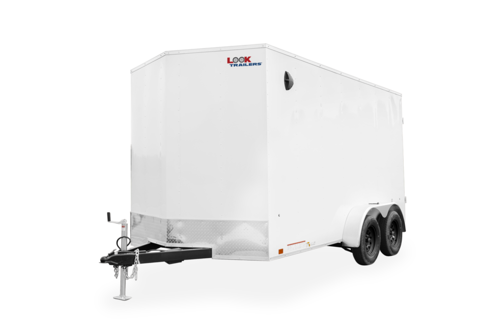 ST DLX Enclosed Cargo Trailer Front View White with Black Wheels
