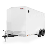 ST DLX Enclosed Cargo Trailer Front View White with Black Wheels