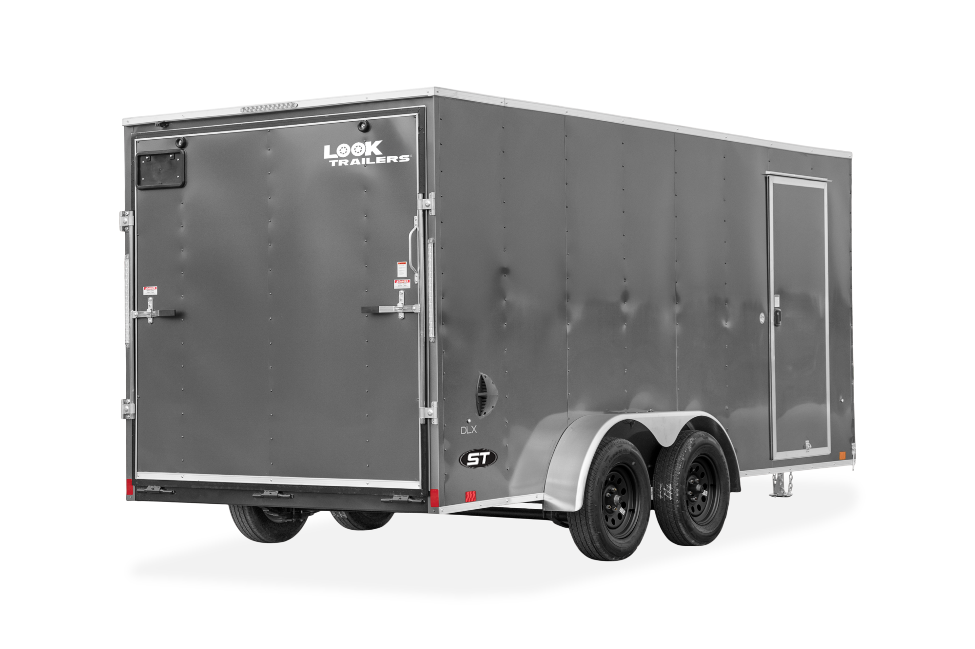 ST DLX Enclosed Cargo Trailer, Grey Exterior, Rear Side View
