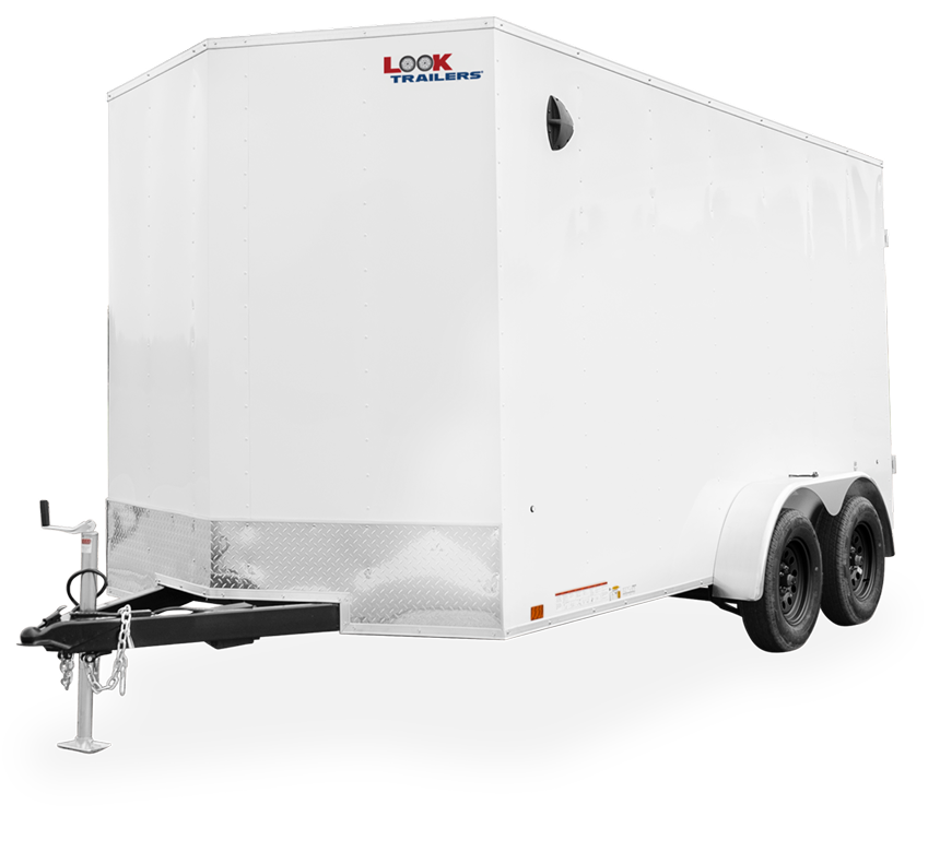 LOOK ST DLX Enclosed Cargo Trailer Front View With Black Wheels